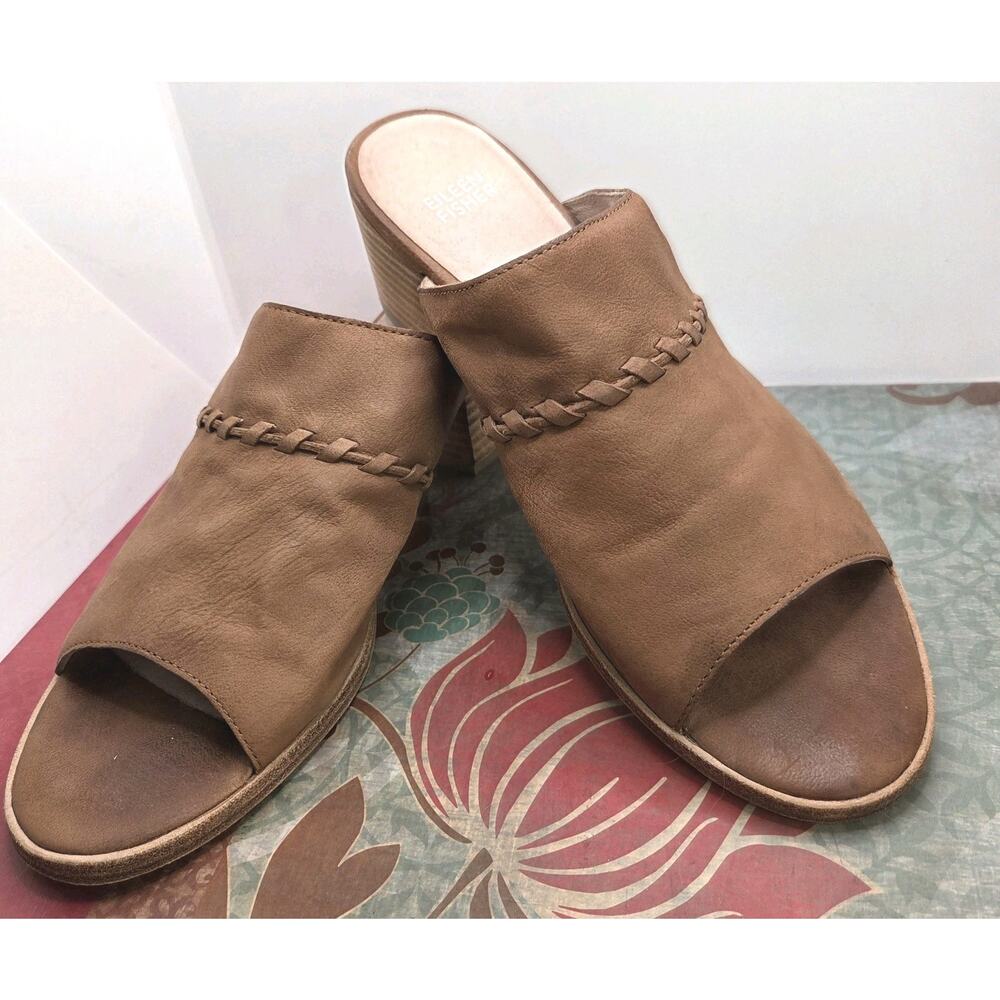 Eileen Fisher Kale Tumbled Nubuck Slide Sandals Block Heel Open Toe Tan Size 9